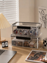 Clear Desktop Storage Box with Lid for Stationery, Badges, and Collectibles