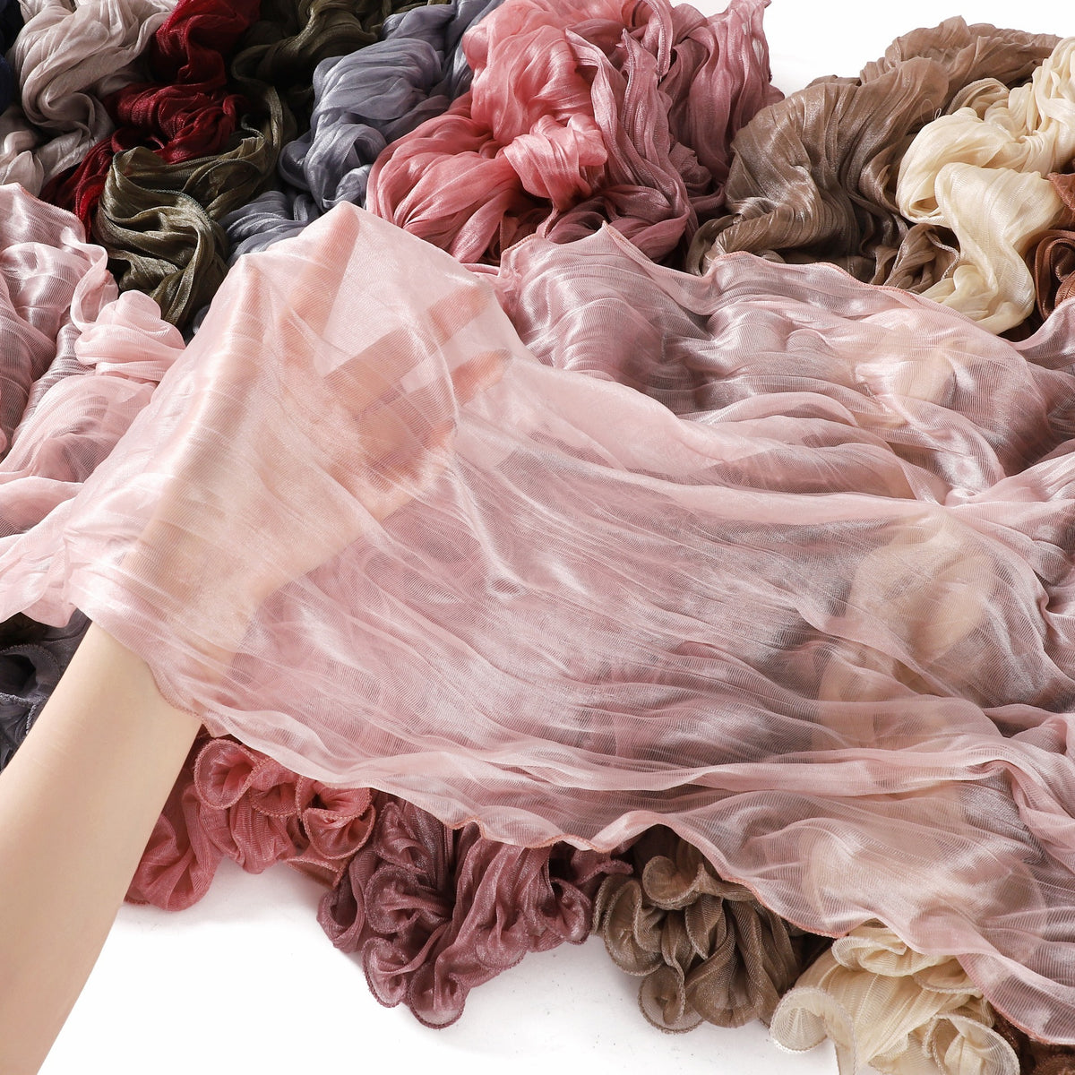 Malaysian Spring/Summer Crinkled Shimmer Chiffon Scarf with Ruffled Edge, Solid Color Breathable Headscarf