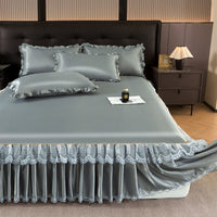 3-Piece Ice Silk Cooling Mat Bed Skirt Set with Pillowcases, Machine Washable & Foldable