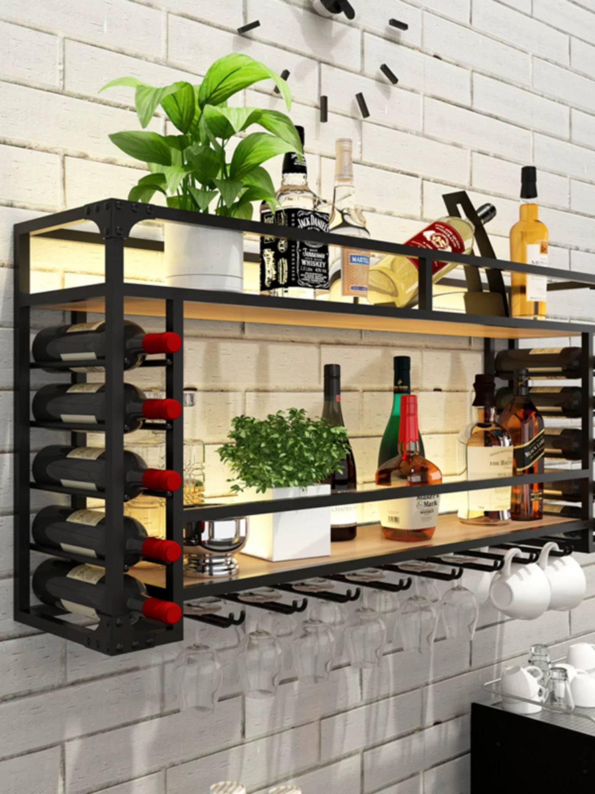 Wall-Mounted Bar Wine Rack with Glass Holder and LED Light for Home & Restaurant