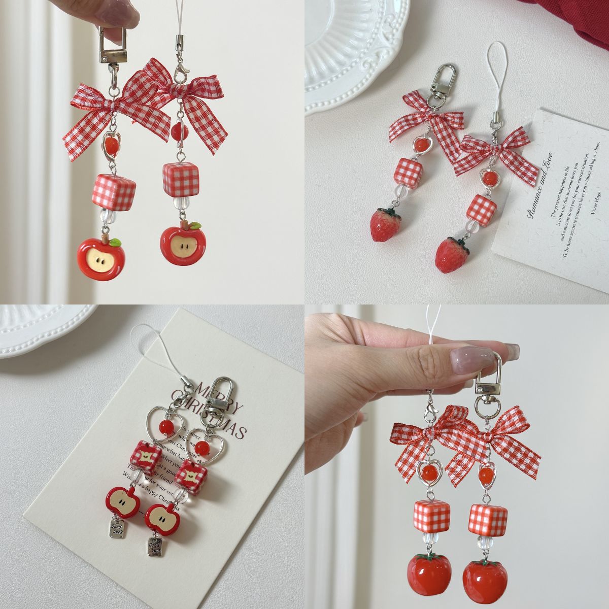 Cute Japanese Style Strawberry Bow Beaded Phone Charm Christmas Red Apple Fruit Pendant Bag Keychain