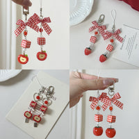 Cute Japanese Style Strawberry Bow Beaded Phone Charm Christmas Red Apple Fruit Pendant Bag Keychain