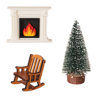 Dollhouse Christmas Miniature Scene Set with Fireplace and Rocking Chair, Living Room Decor Photo Props
