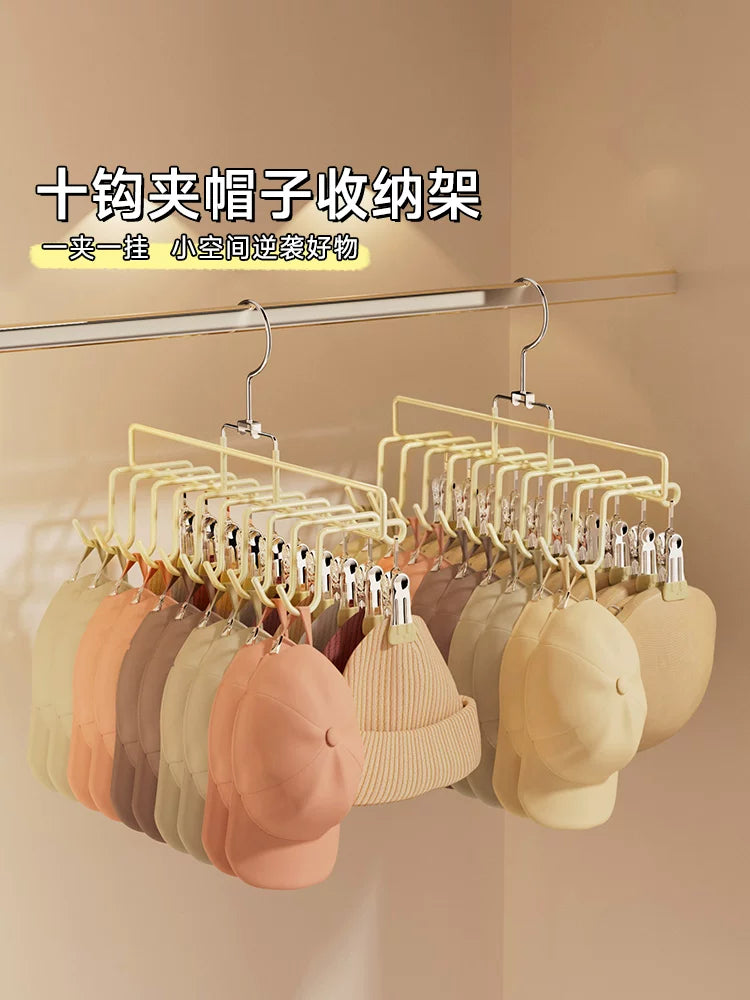 Hat Organizer Rack for Closet - No-Drill, Rotatable, 10 Hooks & Clips for Baseball Caps, Bucket Hats