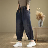 Women's Vintage Distressed Denim Harem Pants with Drawstring Waist
