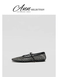 ANN French Rhinestone Mesh Ballet Flats with Bowknot Soft Sole Square Toe Mary Jane Shoes