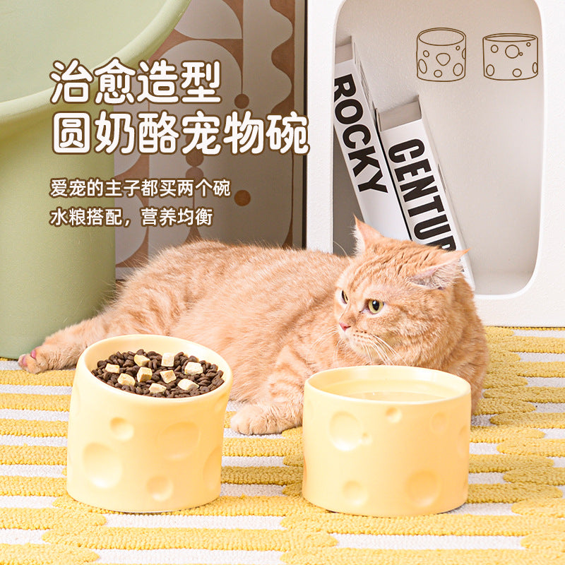 Cheese Shaped Ceramic Pet Bowl for Cats and Dogs - Elevated Design for Neck Protection