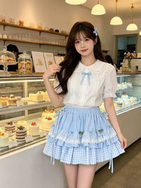 Korean Style Lace Plaid Tiered A-Line Mini Skirt with Lining and Tie Detail