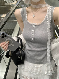 Women's Square Neck Lace Trim Button-Front Camisole Tank Top