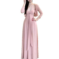 Women's Early Autumn Pink Strapless Dress and Cardigan Set with Waist-Cinching Design