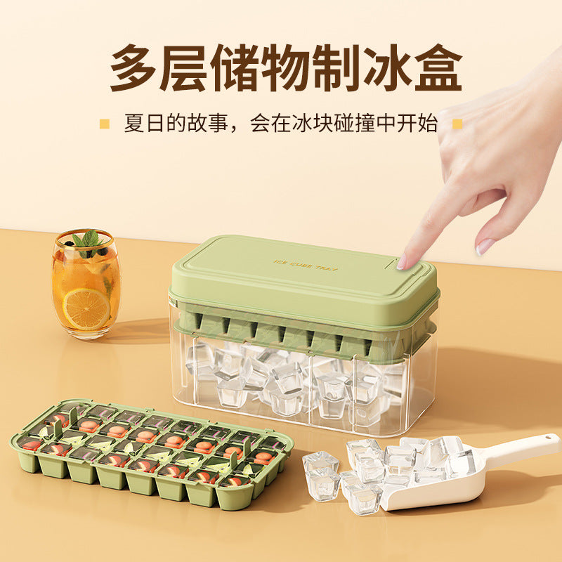New Press-Type Double-Layer Silicone Ice Cube Tray Food Grade Square Ice Mold Easy Release Ice Storage Box with Lid for Home Use