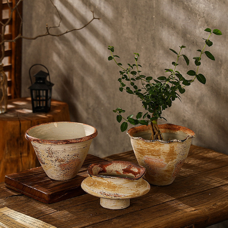 Wabi-Sabi Style Ceramic Planter for Desktop Decor, Breathable Terracotta Pot for Moss and Green Plants