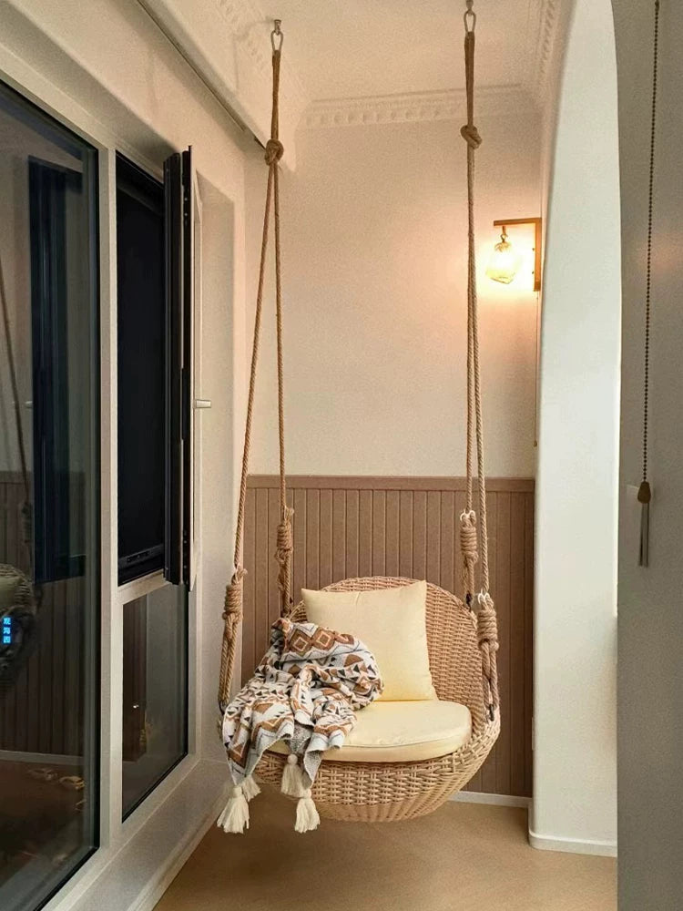Indoor Rattan Woven Double Swing Chair with Stand, Hanging Basket Hammock for Balcony Patio