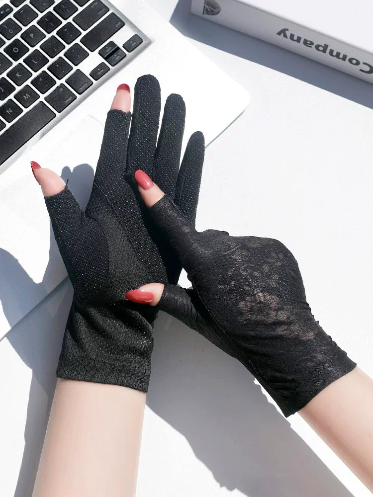 Women's Two-Finger Ice Silk UV Protection Driving Gloves Breathable Short Thin Sunscreen Gloves
