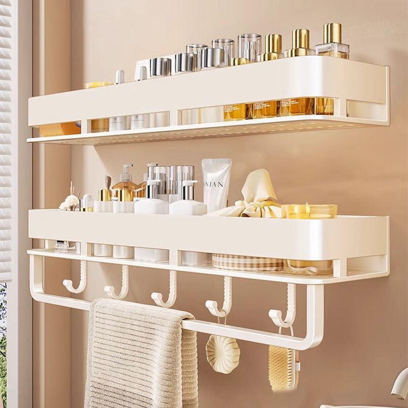 Cream Style Bathroom Shelf Wall-Mounted No-Drill Toilet Washbasin Storage Rack with Hooks