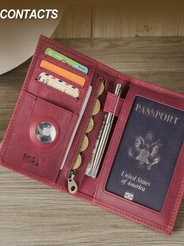Vintage Crazy Horse Leather RFID Passport Holder with AirTag Slot and Coin Pocket