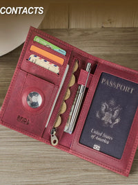 Vintage Crazy Horse Leather RFID Passport Holder with AirTag Slot and Coin Pocket