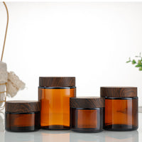 Frosted Brown Glass Cream Jar with Wood Grain Lid, Portable Refillable Cosmetic Container for Travel