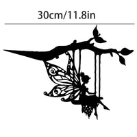 Black Metal Pixie Swinging on Tree Stump Figurine, Magical Forest Theme Decor