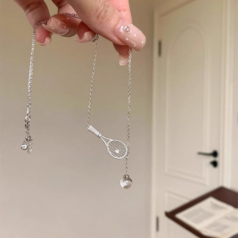 Silver Tennis Racket White Crystal Pendant Necklace for Women