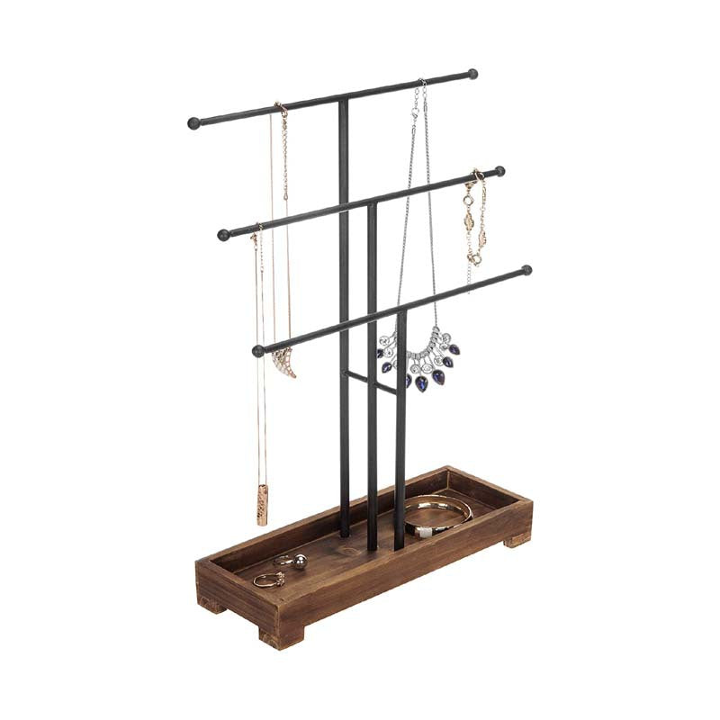 3-Tier Vintage T-Bar Carbonized Wood & Iron Necklace Display Stand
