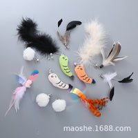 Retractable Cat Wand Toy with Replaceable Feather and Plush Rabbit Fur Ball Heads