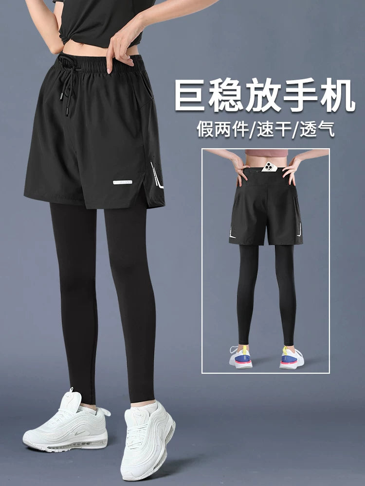 Women's Fake Two-Piece Running Compression Leggings, Quick-Dry Fitness Yoga Tights with Back Waist Phone Pocket