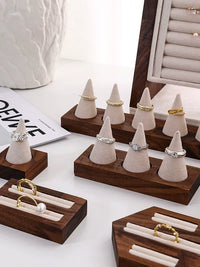 Walnut Wood Ring Display Tray with Velvet Base for Jewelry Photography and Storage