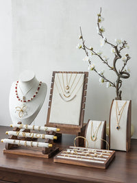 Walnut Wood Jewelry Display Stand with Velvet Lining for Necklaces, Rings, and Bracelets