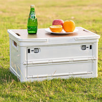 Outdoor Camping Storage Box with Wooden Lid, Foldable Car Trunk Organizer, Large Capacity Side-Opening Container