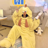 Cartoon Funny Chicken Coral Fleece Pajama Women's Winter Flannel One-Piece Thickened Sleepwear Home Robe