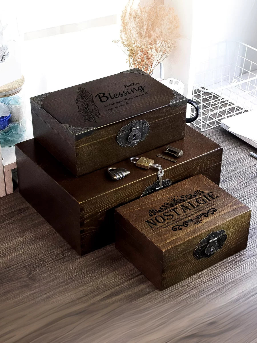 Solid Wood Vintage Storage Box with Lock