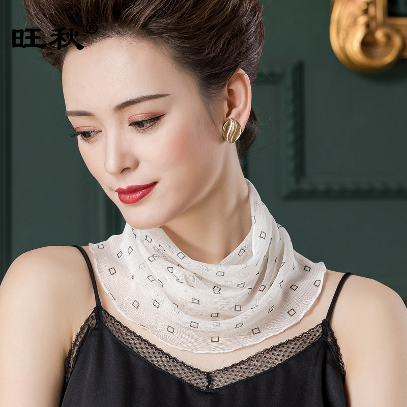Mesh Silk Scarf 100% Mulberry Silk Printed Sun Protection Neck Wrap Thin Pleated