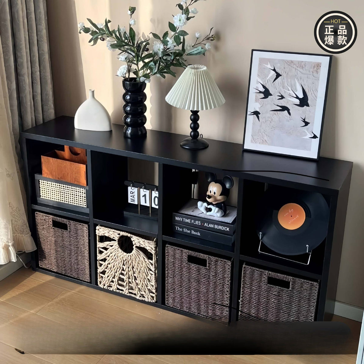 Solid Wood Bookshelf Living Room Storage Cabinet Sofa Side Table Nordic Style Flip-Door Record Cabinet Wall-Mounted Black Cabinet