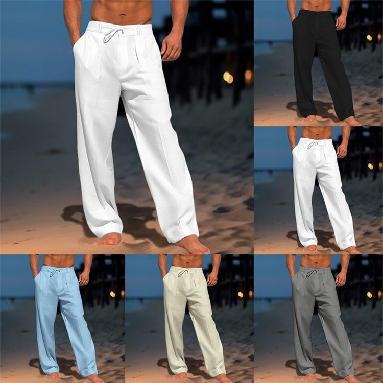Men's Linen Beach Pants with Front Pockets, Solid Color, Breathable Casual Trousers for Summer Vacation