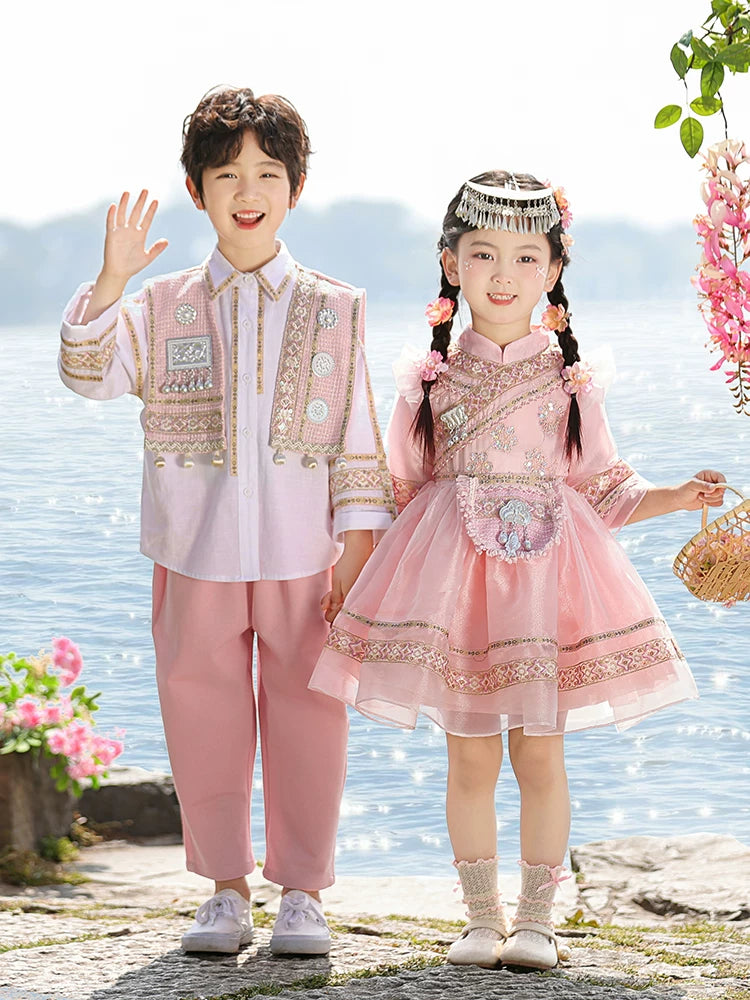 Children's Zhuang Miao Ethnic Dance Costume for Festivals and Performances