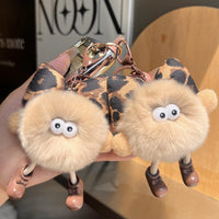 Cute Leopard Print Bowknot Rabbit Fur Pom-Pom Car Keychain Bag Charm Gift