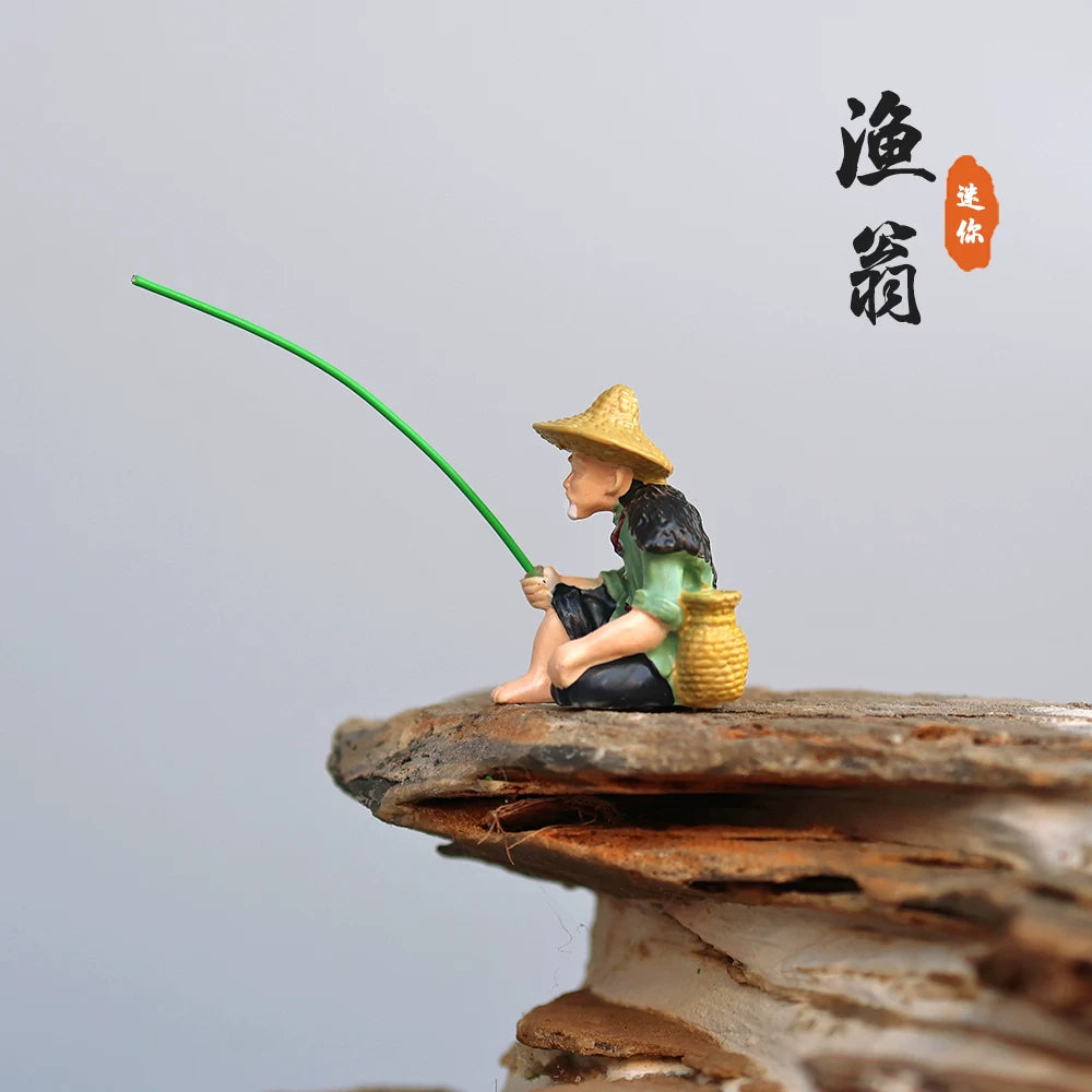 Miniature Fishing Old Man Figurine for Micro Landscape Decor