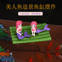 Mermaid and Raft Aquarium Ornament Set, Resin Fish Tank Decoration for Micro Landscape