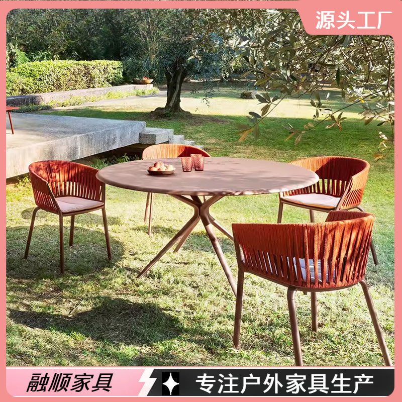 Outdoor Rock Slab Dining Table and Woven Rattan Chair Set for Patio Garden Balcony