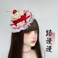 Cherry Ripe Lolita Handmade Cake Mini Hat Sun Hat with Wine Red Plaid Headband BNT