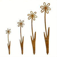 Rustic Metal Flower Garden Stakes, 4-Piece Set for Outdoor Yard Decor