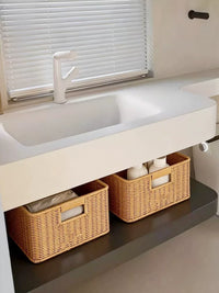 Woven Imitation Rattan Storage Basket for Bathroom Vanity and Hair Dryer