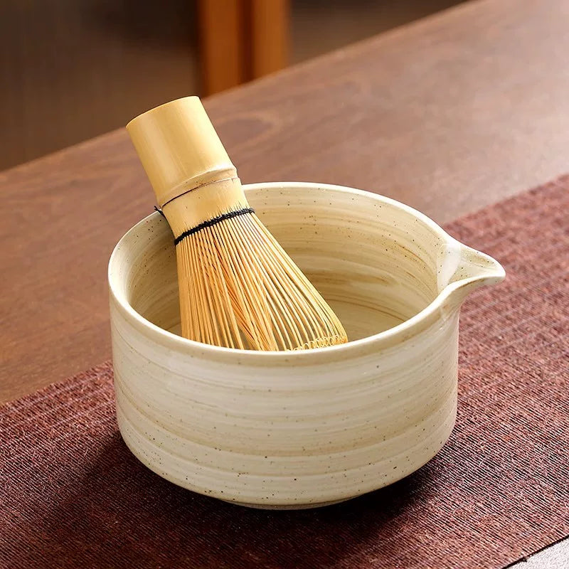 Japanese Wabi-Sabi Ceramic Matcha Bowl with Spout and Whisk Set, Handmade Tea Ceremony Tool & Salad Bowl
