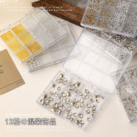 12-Grid Nail Art Rhinestone & Pearl Assortment with Zirconia, Shaped Drills, and Bowknot Cross Charms