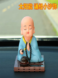 Solar Powered Nodding Monk Car Dashboard Ornament with Wooden Fish
