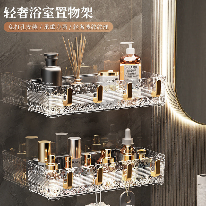 Wall-Mounted Bathroom Shelf with Hooks, No-Drill Organizer for Toiletries and Cosmetics