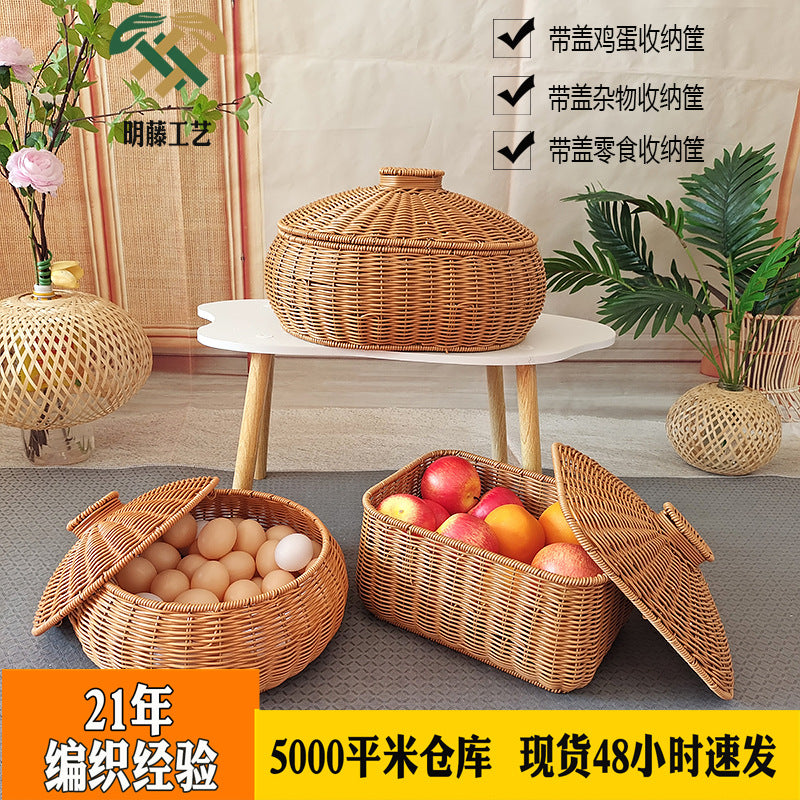 Handwoven Rattan Pumpkin-Shaped Storage Basket with Lid for Kitchen and Home Organization