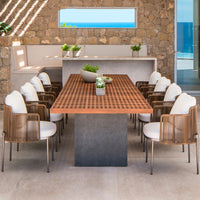 Outdoor Teak Rattan Dining Set with 6 Chairs for Patio Garden Villa Restaurant Hotel