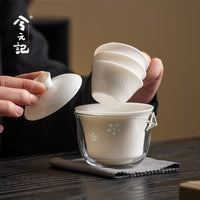 Portable Lamb Fat Jade Porcelain Travel Tea Set with Quick Cup, One Bowl, Three Cups for Outdoor Camping